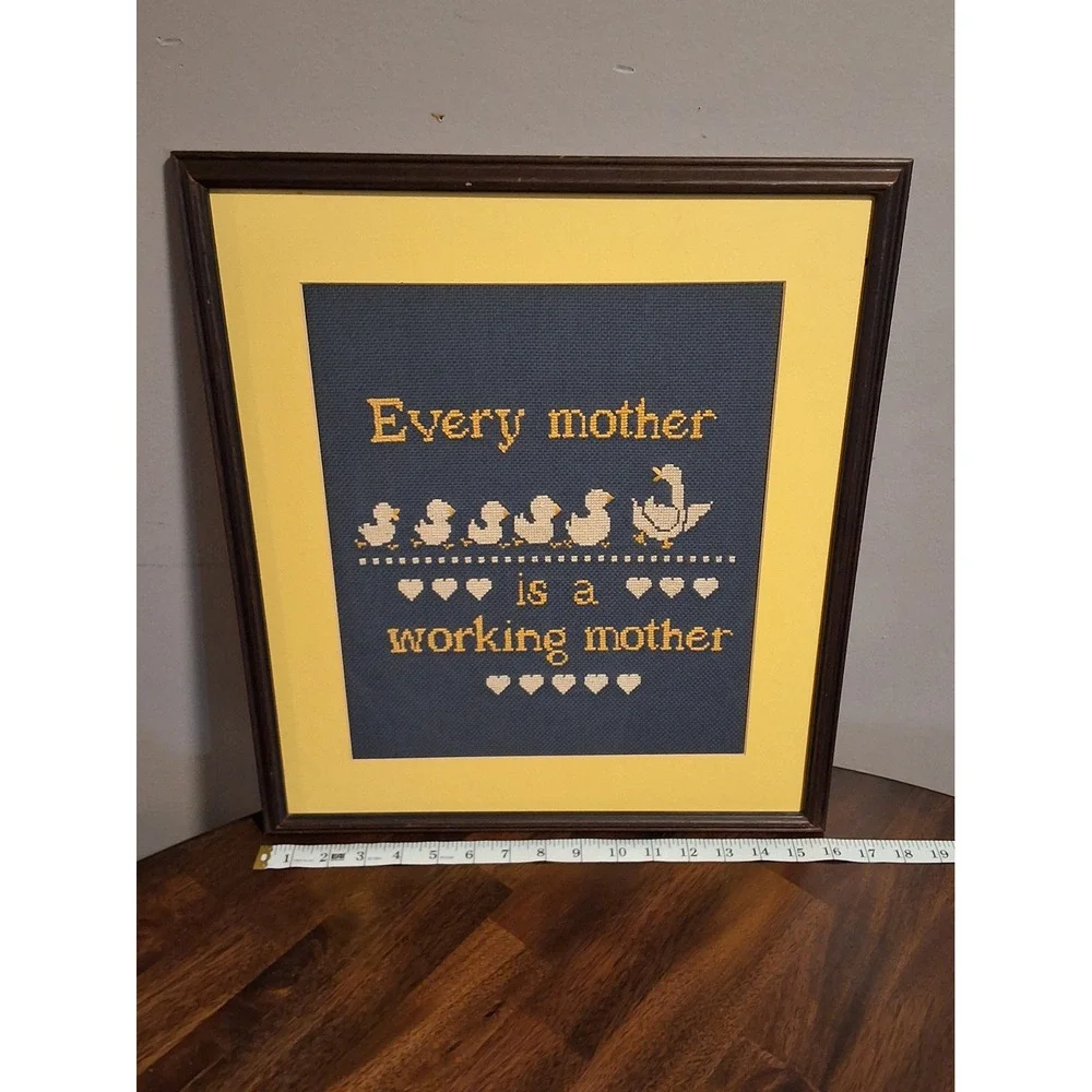Vintage Framed Cross Stitch Every Mother Is A Working Mother Duck Art 15x18